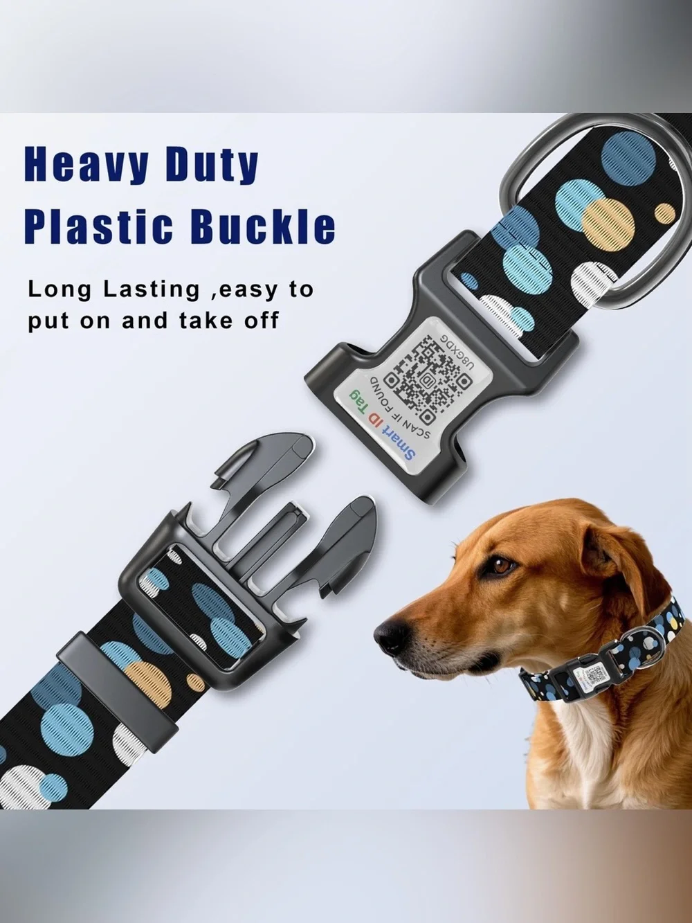 Smart ID Tag Polka Dot Dog Collar - Black with Blue, White & Tan Dots